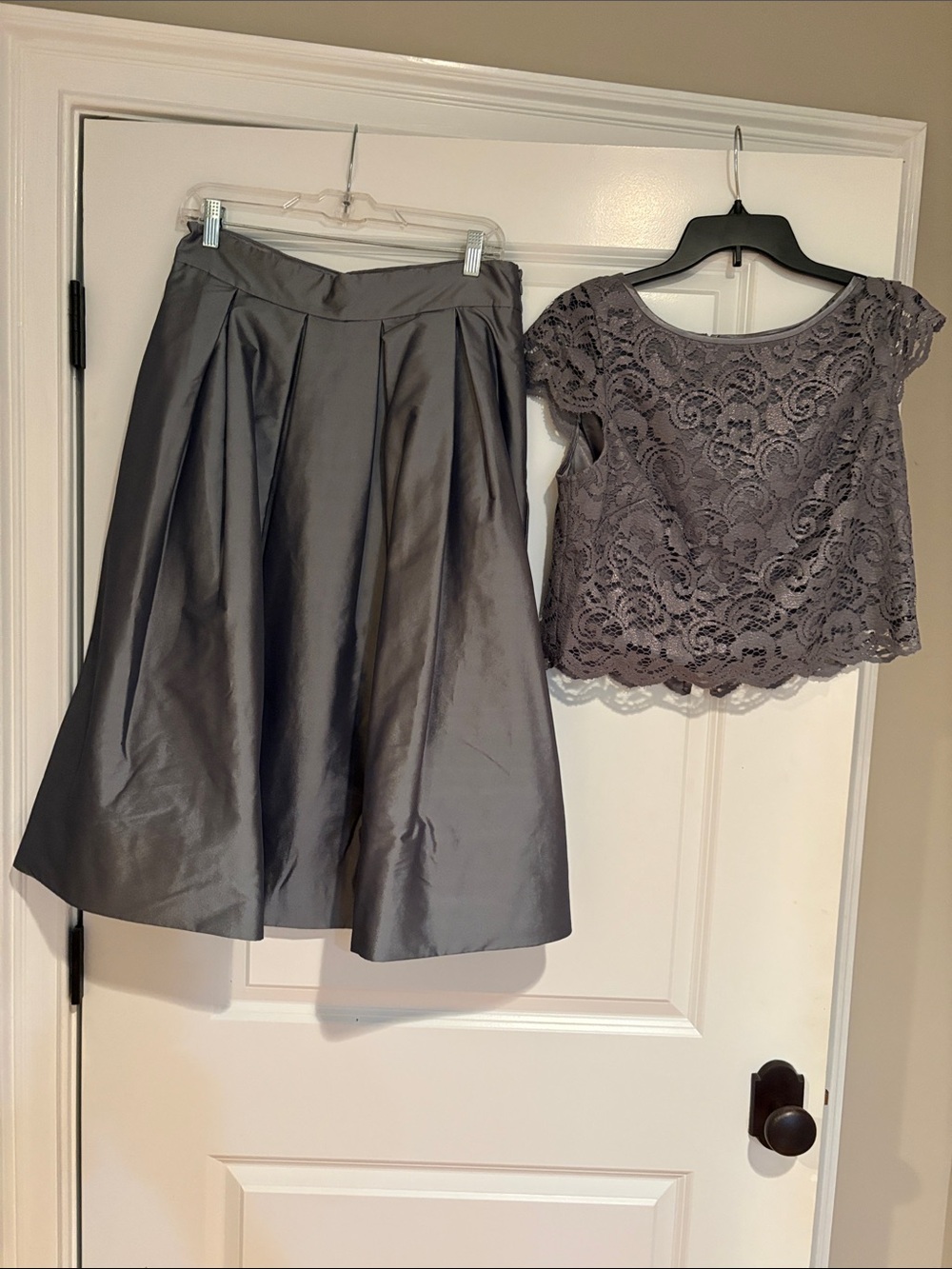 White House Black Market Gray Full Circle Skirt & matching lace top.